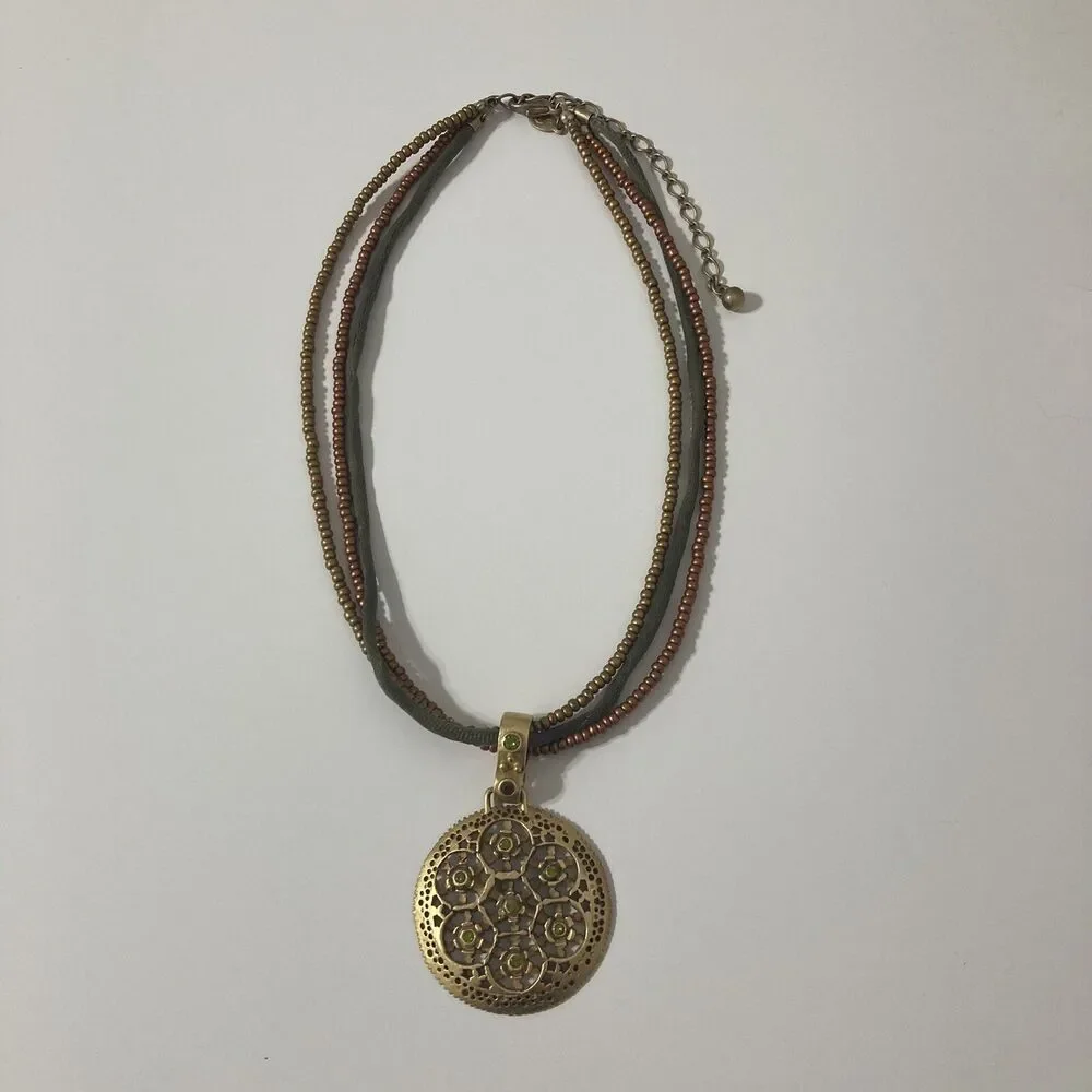 Premier Designs Gold Tone Green Seed Beaded Pendant Medallion Necklace Bohemian